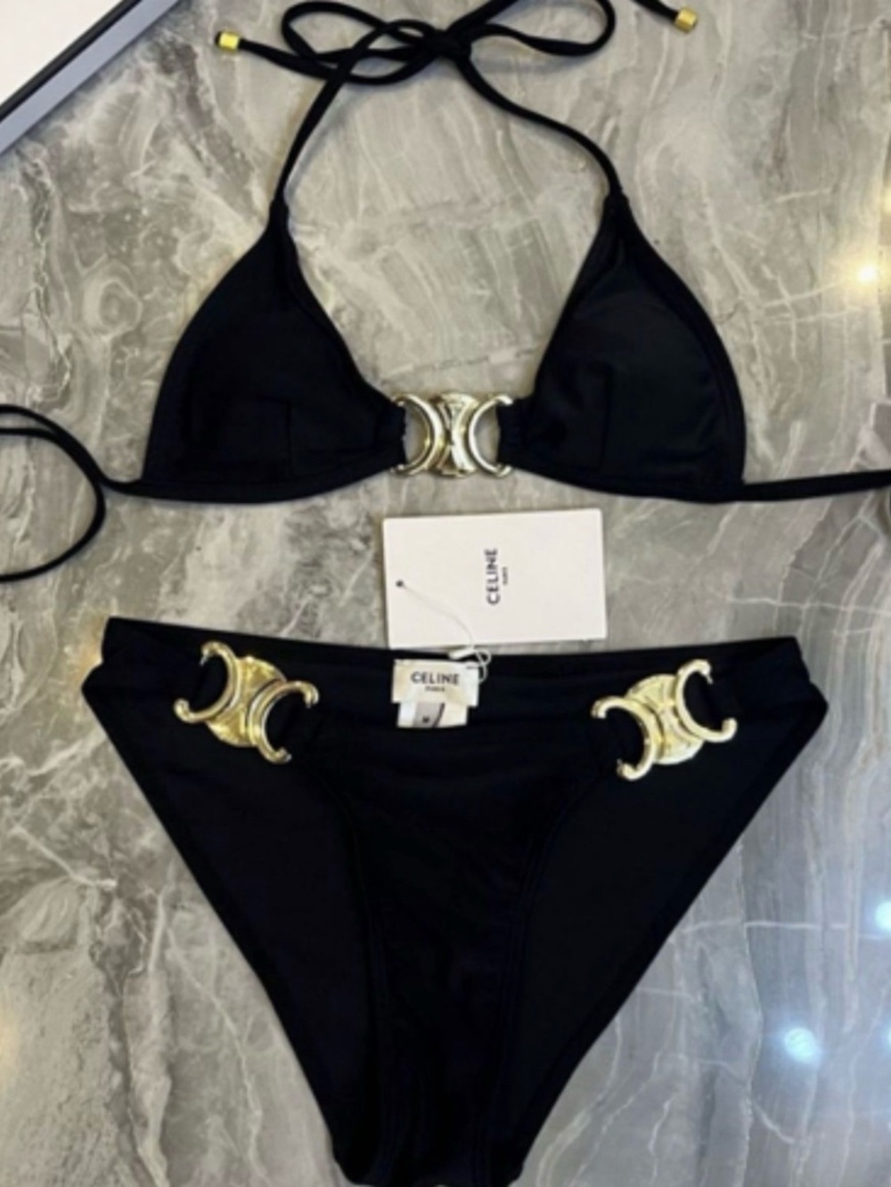 Celine Black Bikini Set with Gold Crescent Accents